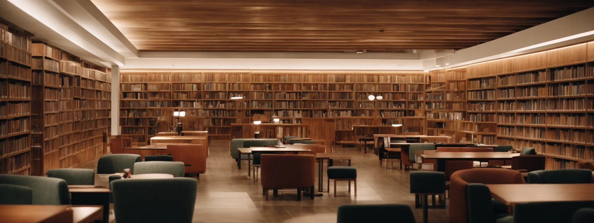 Spacious library interior with wooden bookshelves, tables, and chairs arranged neatly, illuminated by warm lighting.