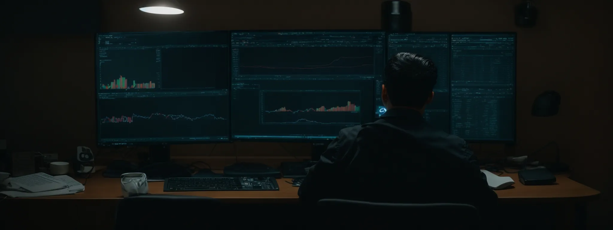 a person sitting at a computer analyzing website performance metrics on the screen.