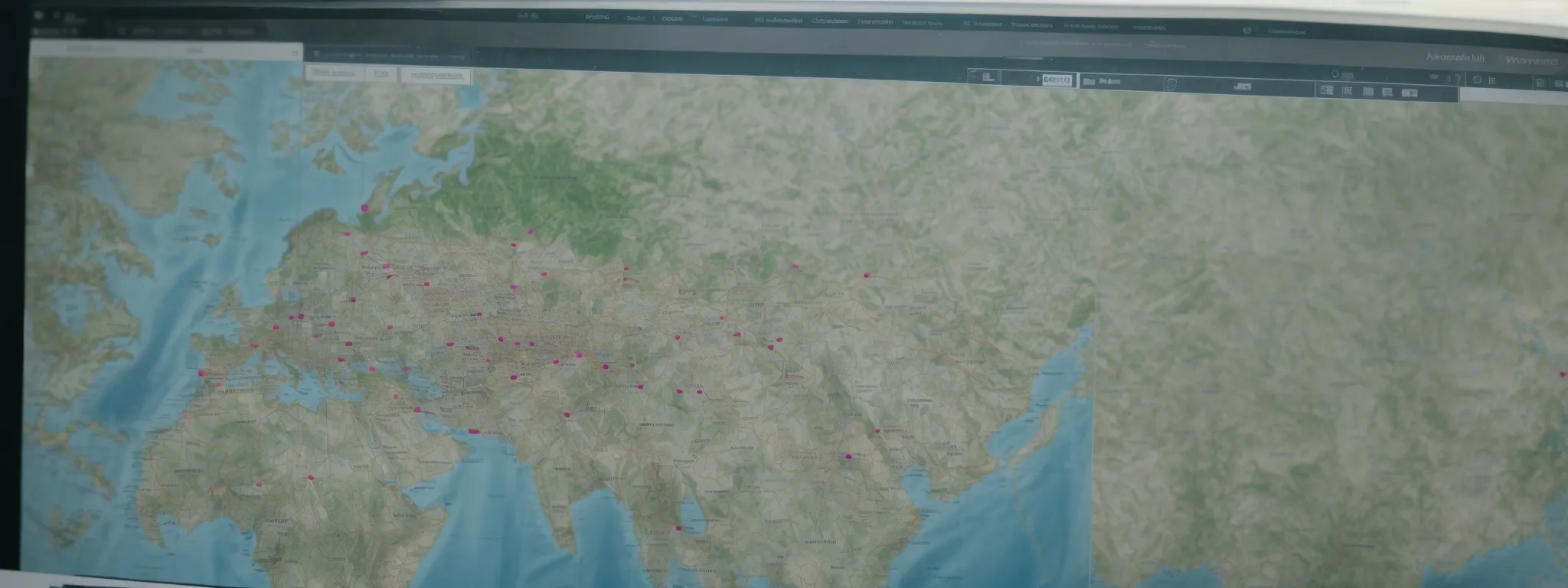 a web developer reviews analytics on a computer screen showing a map with various pinpoints representing franchise locations.