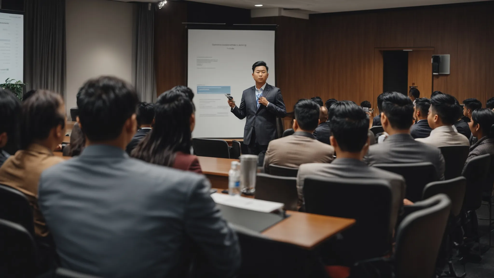 seo professional giving an engaging presentation at a digital marketing seminar.