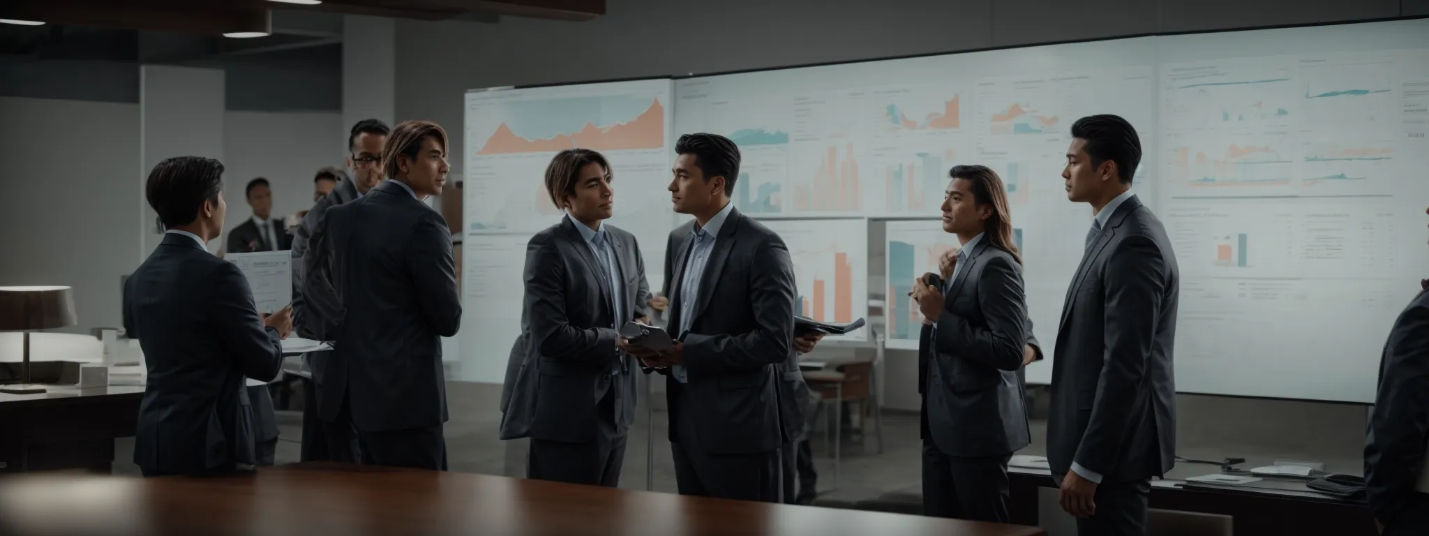 a group of business professionals stands around a large table, deep in discussion with marketing charts and a product prototype on display.