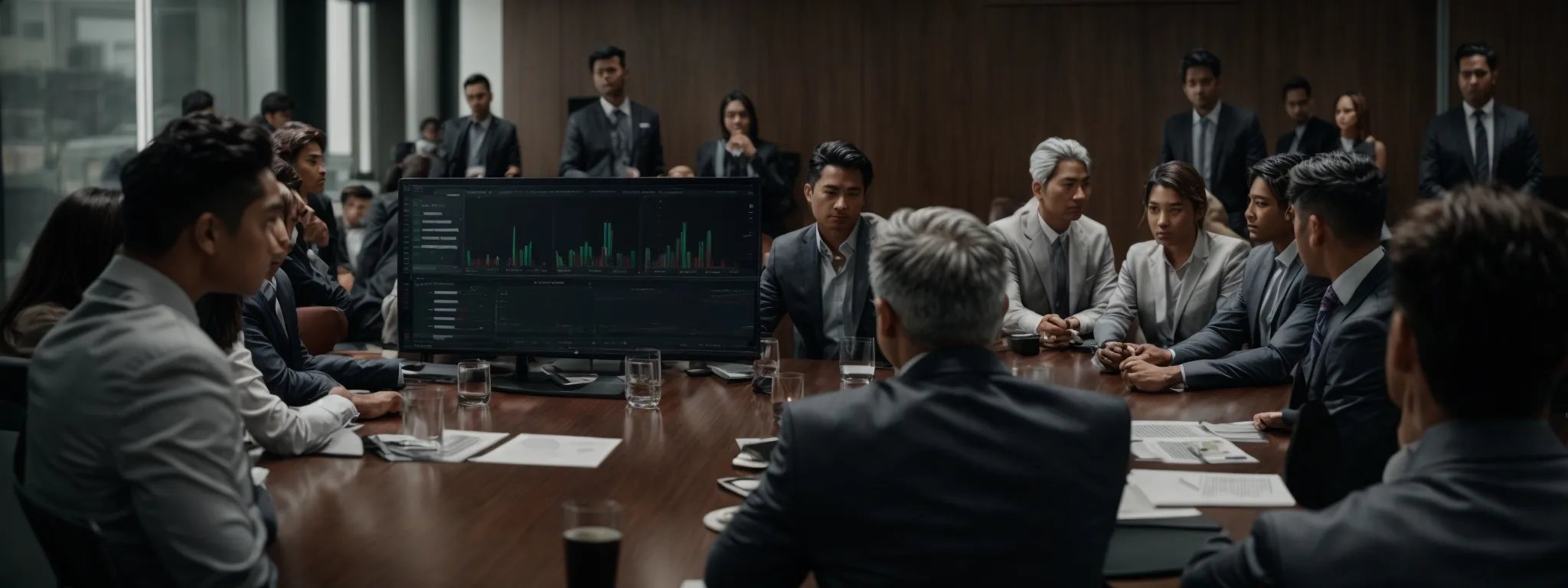 a group of professionals gathered around a conference table, intently focused on a shared screen displaying a web analytics dashboard.