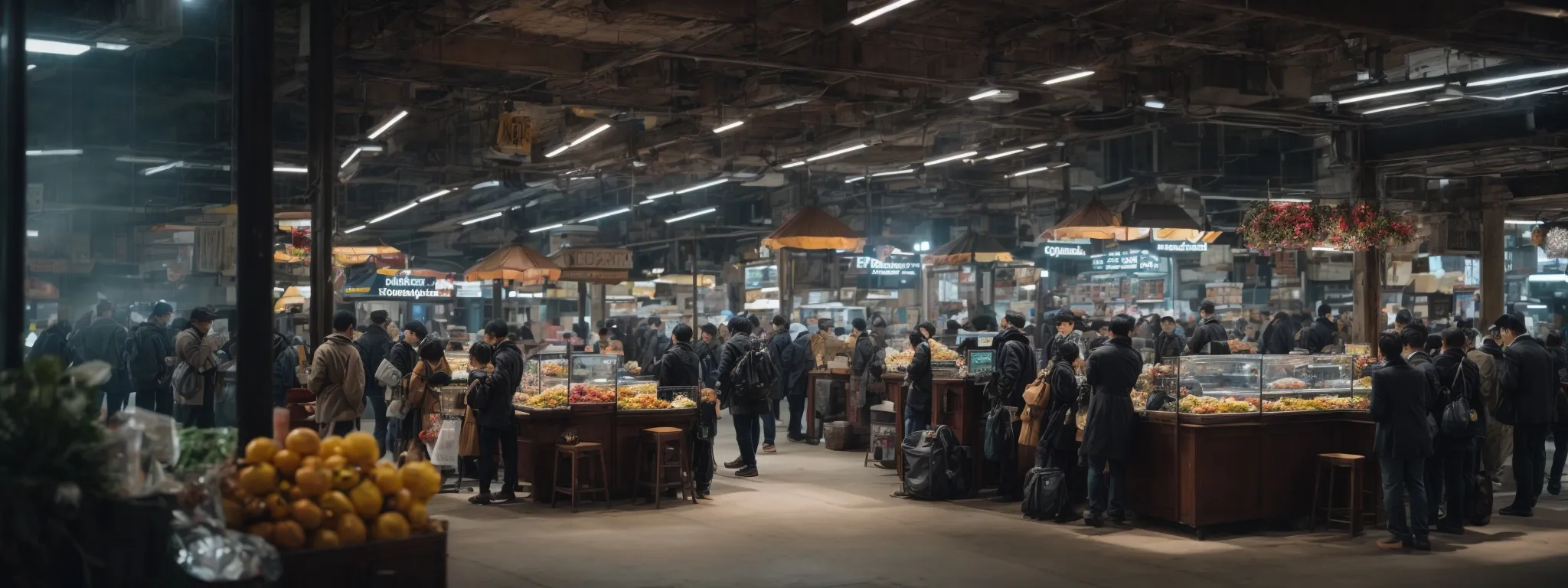 a bustling digital marketplace with evident high-speed connectivity and a securely encrypted interface.