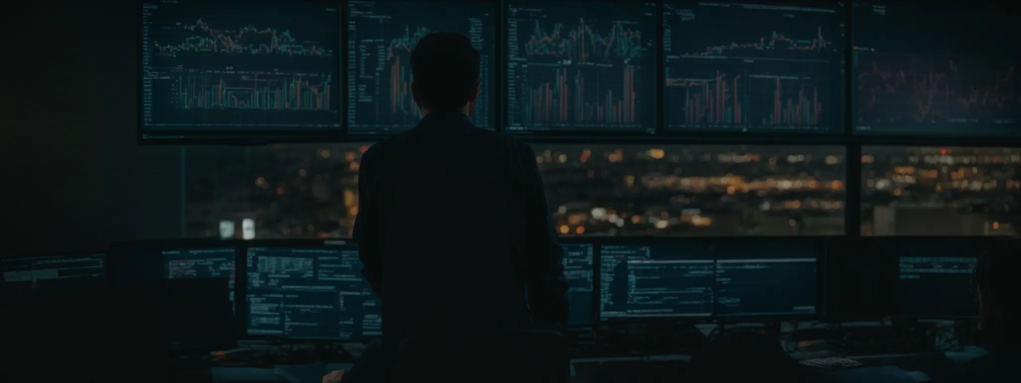 a person intently gazes at a computer screen filled with code and analytics graphs.