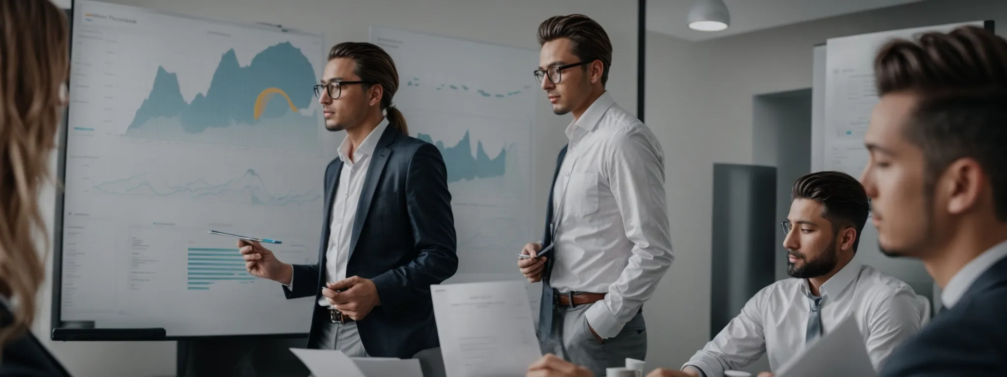 a strategic business meeting with professionals analyzing data charts on a whiteboard to optimize a complex multi-domain seo plan.