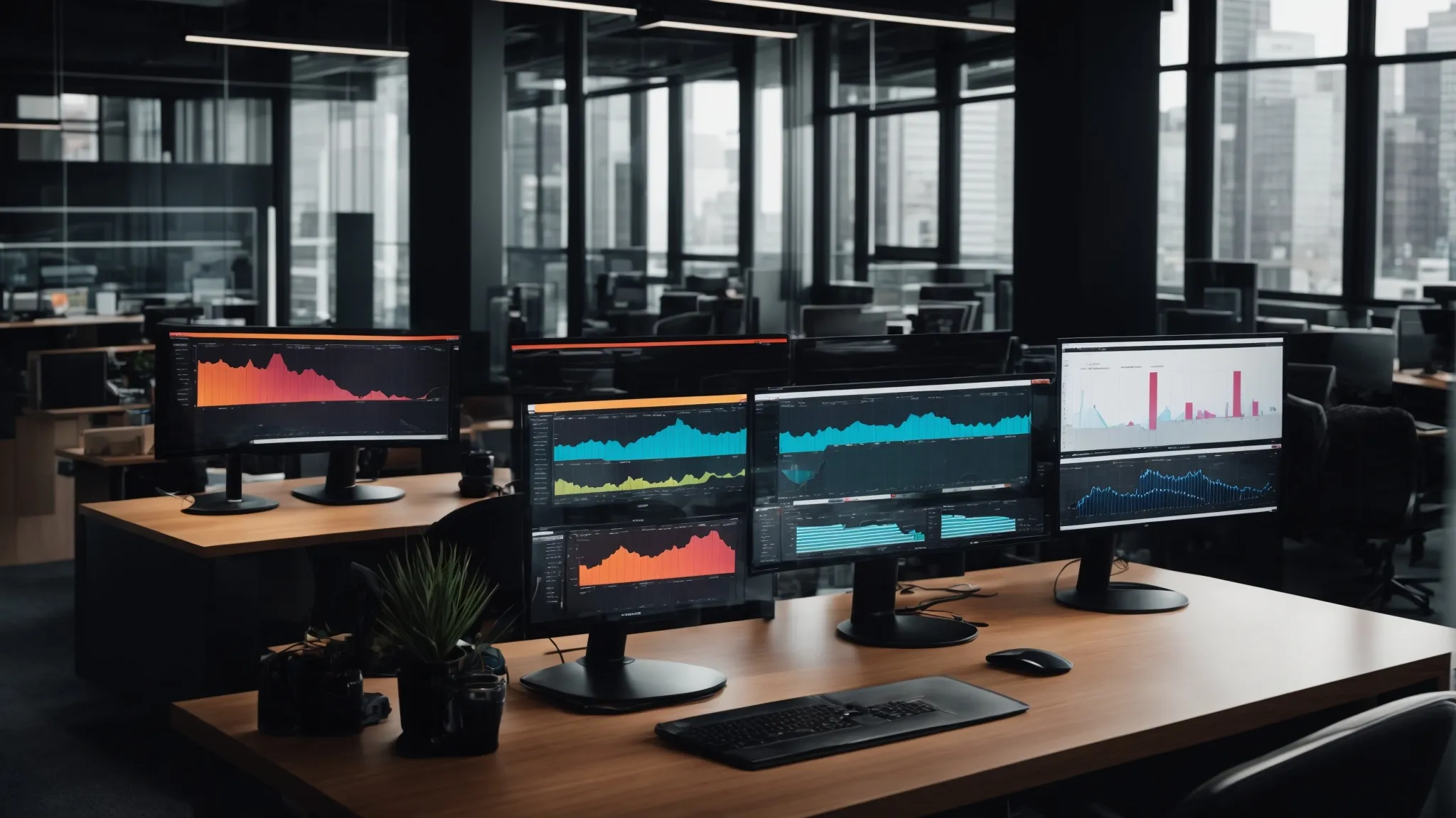 a sleek, modern office setting with multiple computer screens displaying colorful graphs and analytics dashboards.