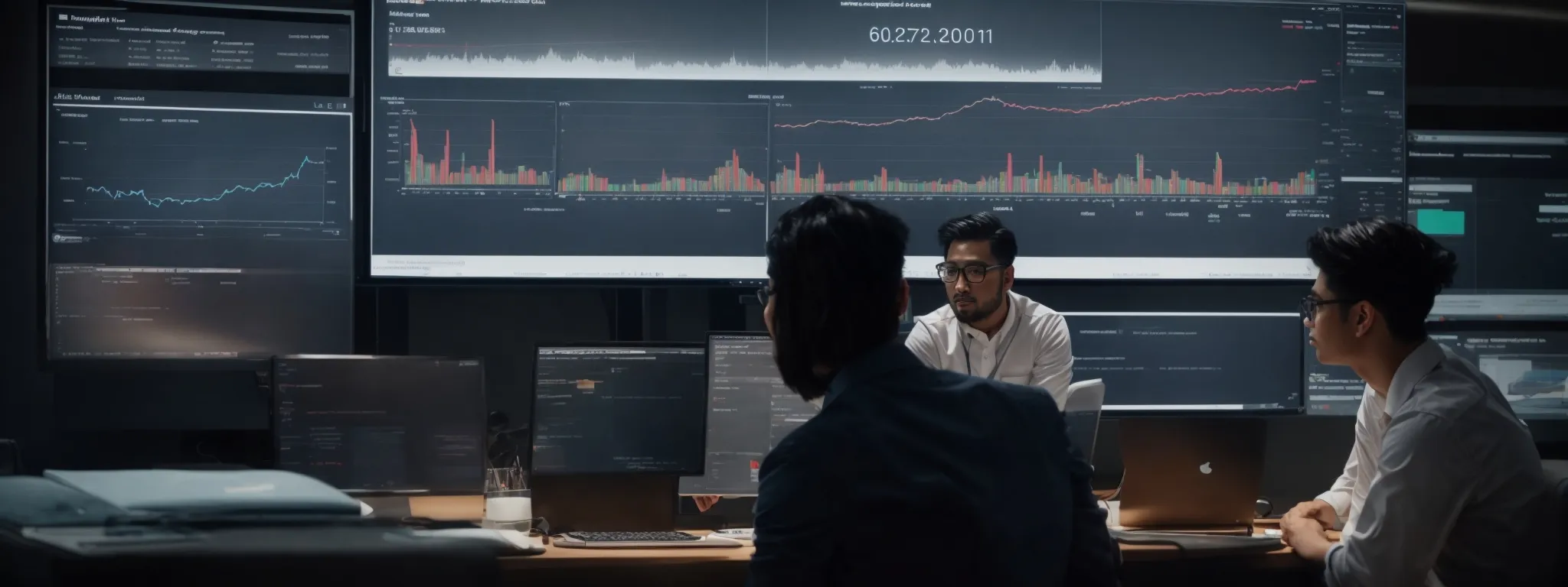 a marketing team is viewing analytics on a large screen displaying social media statistics and a search engine results page.