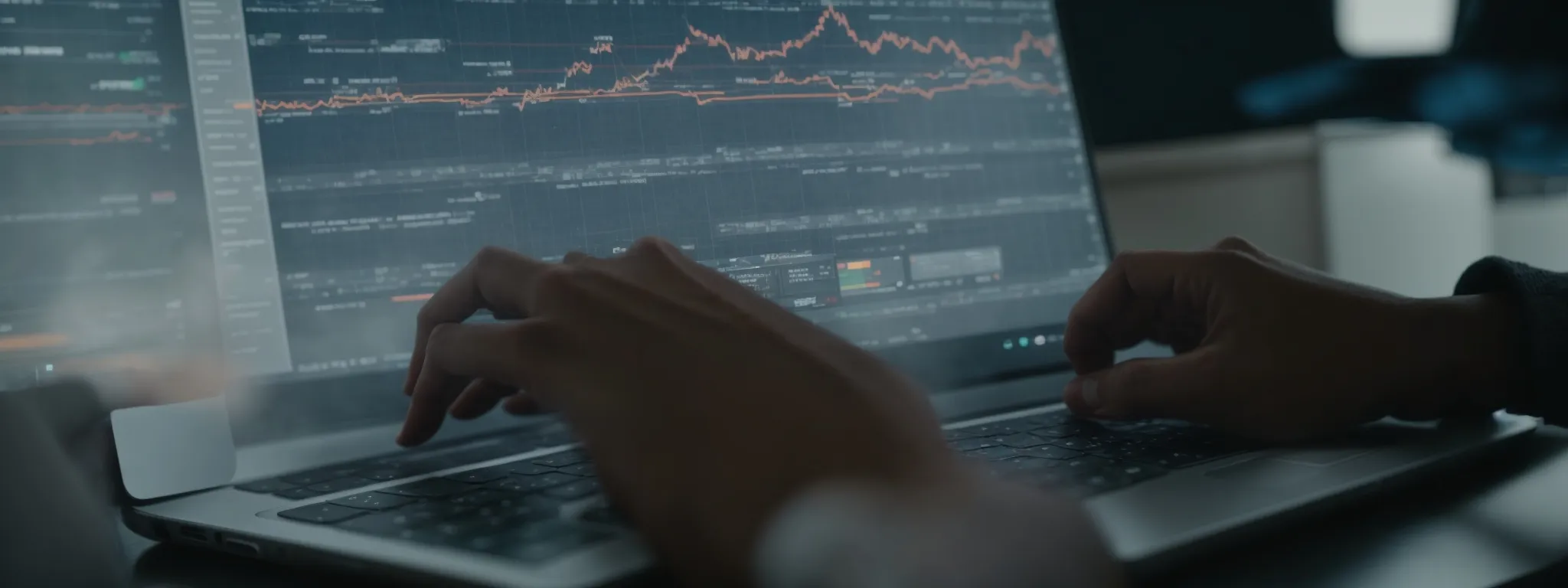a person typing on a laptop with ai-related infographics on the screen.