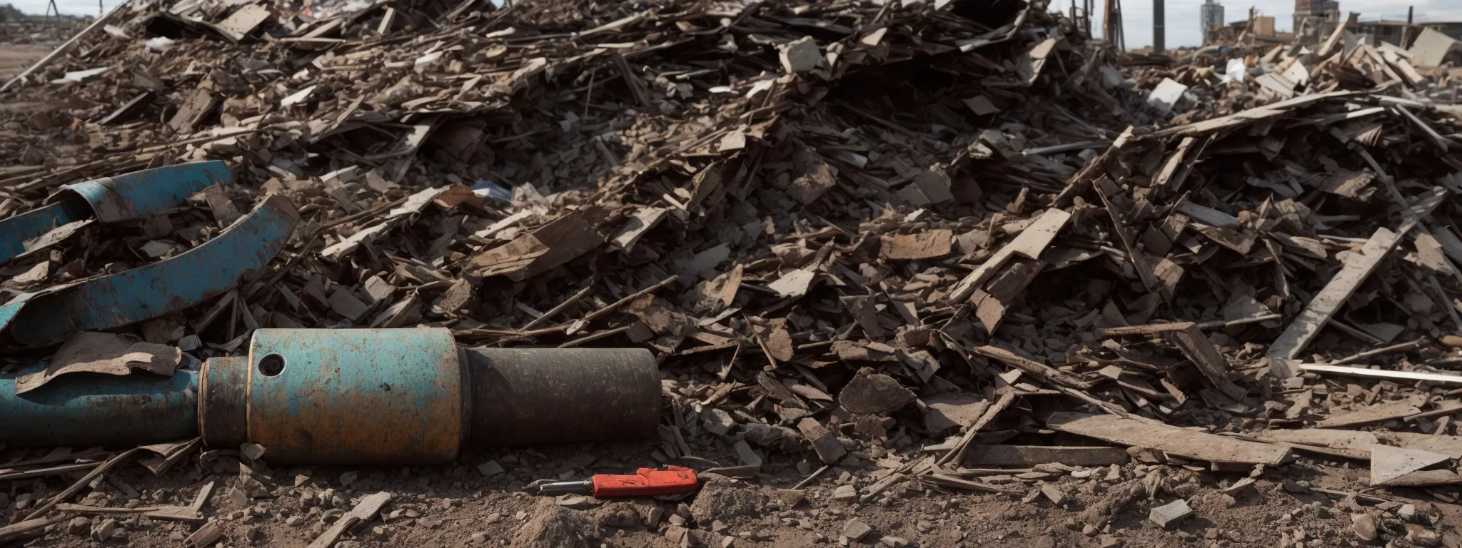 a broken trail of hastily discarded tools leading toward a crumbling webpage facade.