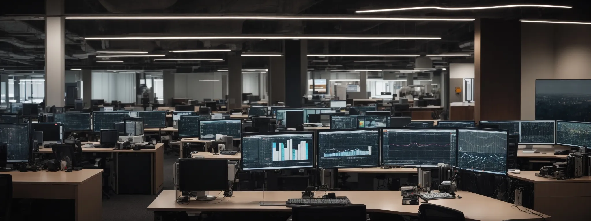 a panoramic office space filled with computers and digital screens displaying graphs and analytics.