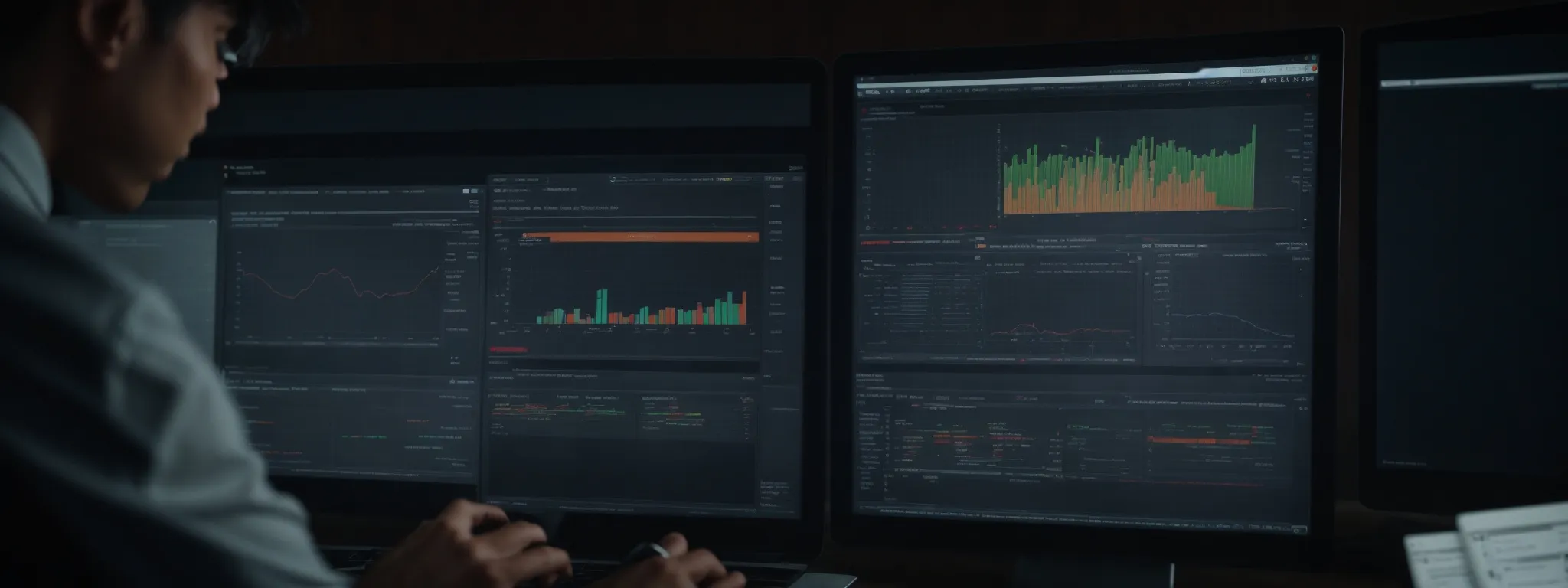 an individual analyzing comprehensive analytics on a computer screen, showing search engine rankings and data charts.