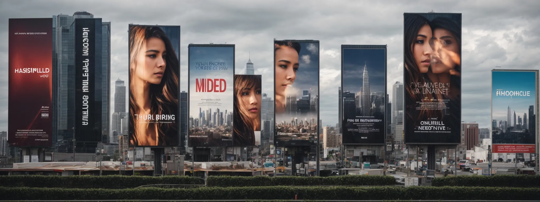 a row of diverse billboards against a city skyline depicting different marketing messages with no visible brand names.