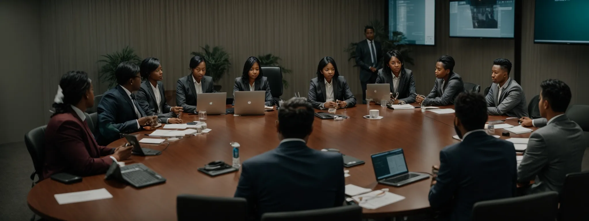 a circle of professionals gathered around a conference table, engaged with a vibrant discussion and open laptops.