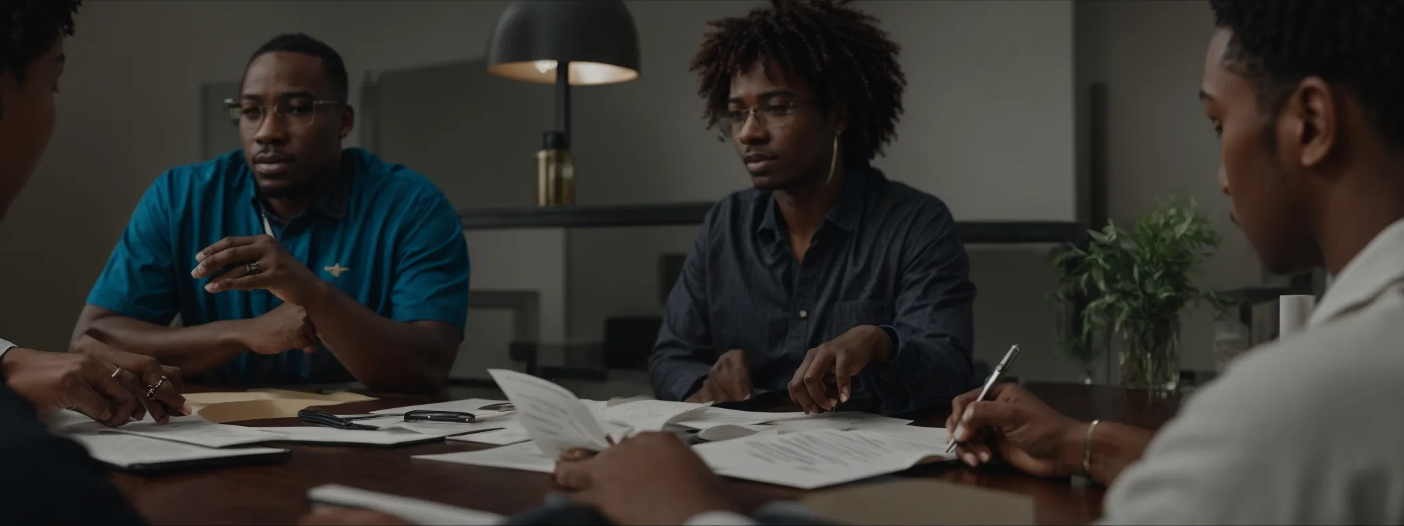a group of diverse individuals engaging in a focus group discussion with clipboards and product samples on a table.