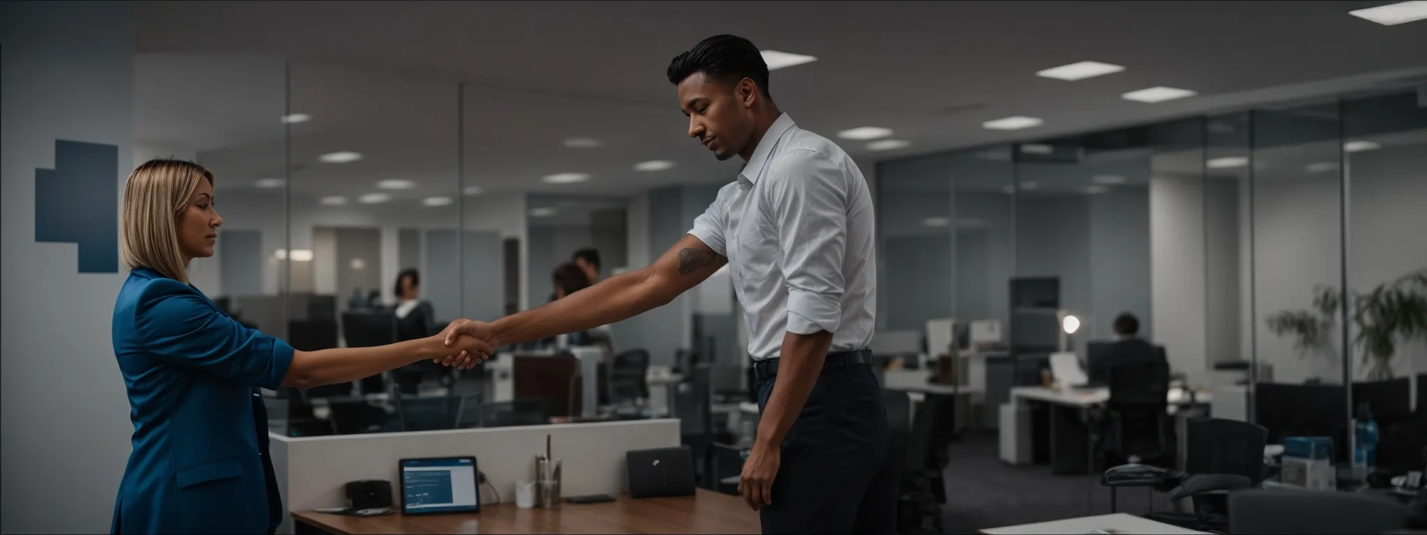 Two people in business attire shake hands in a modern office setting, with desks, computers, and other employees visible in the background.