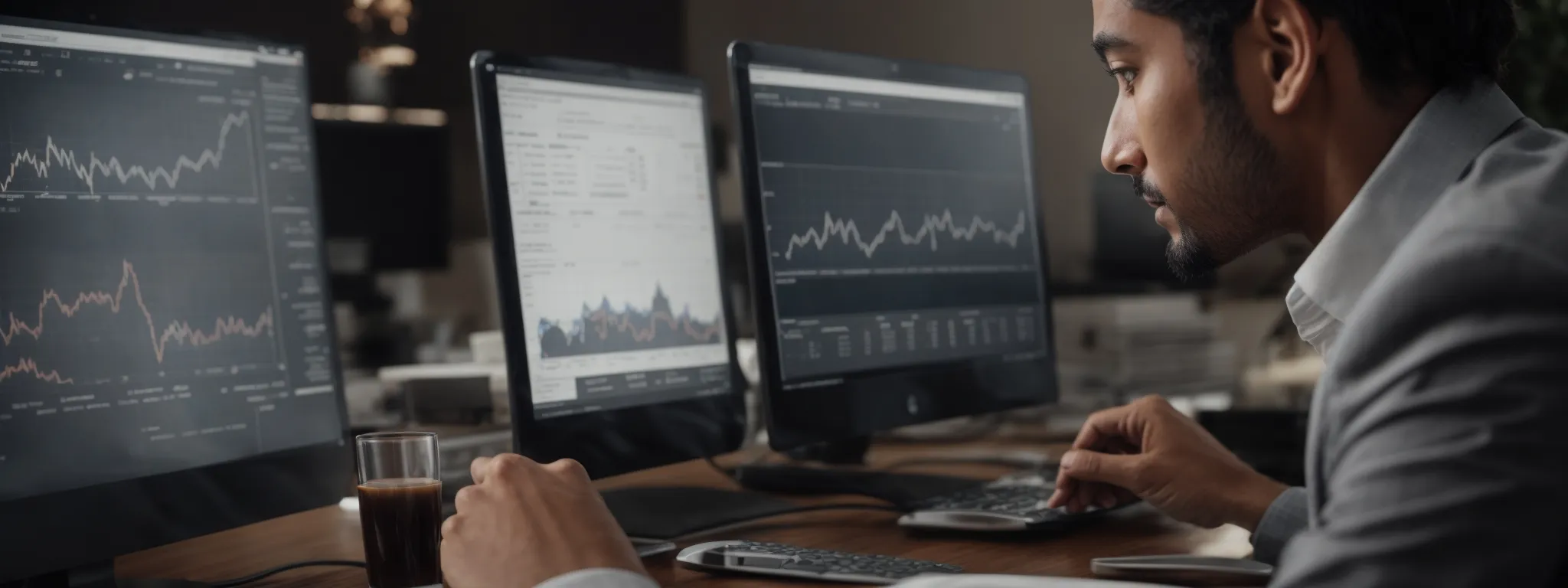 a satisfied entrepreneur beams at their computer screen displaying a graph of upward-trending website analytics.