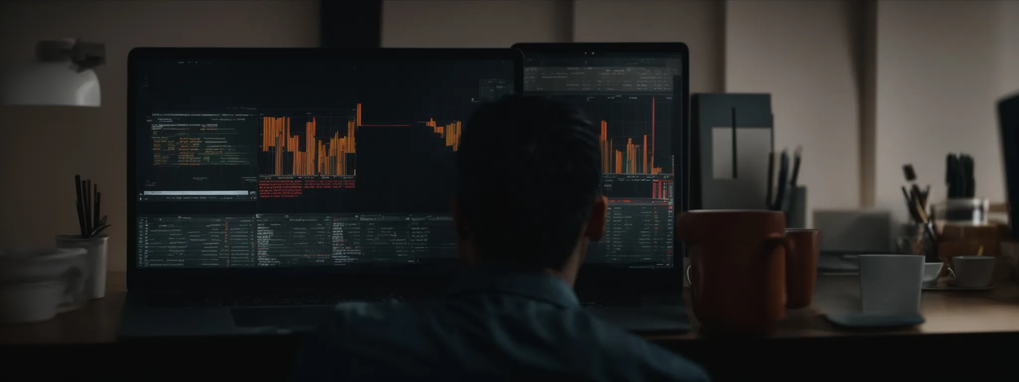 a person working intently on a laptop with a complex spreadsheet open, analyzing seo data.
