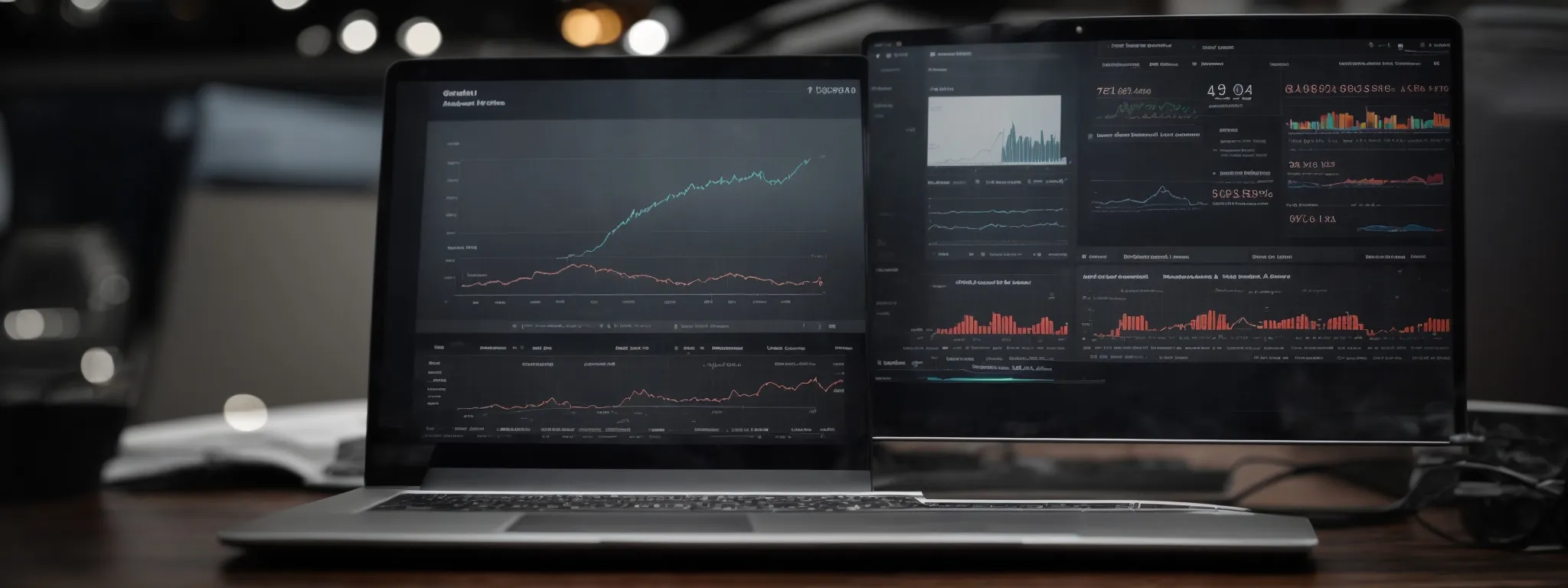 a laptop with an seo analytics dashboard displayed on the screen, surrounded by graphs and charts illustrating backlink profiles.