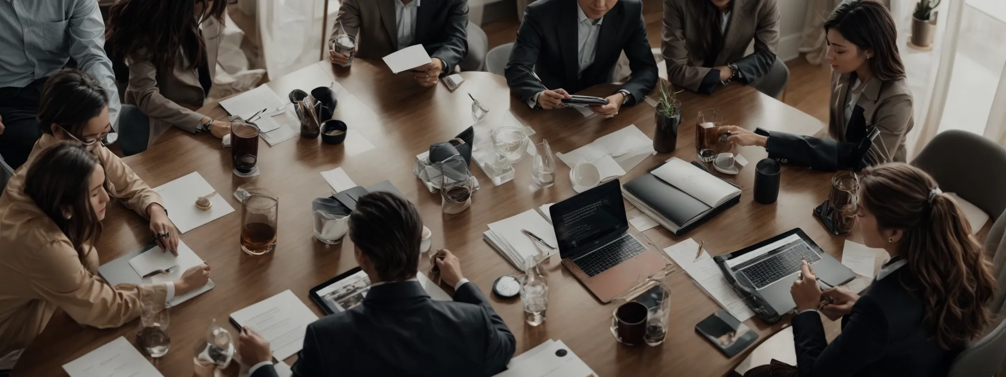 a group of professionals gathered around a table, with digital devices and marketing materials, actively discussing strategies.