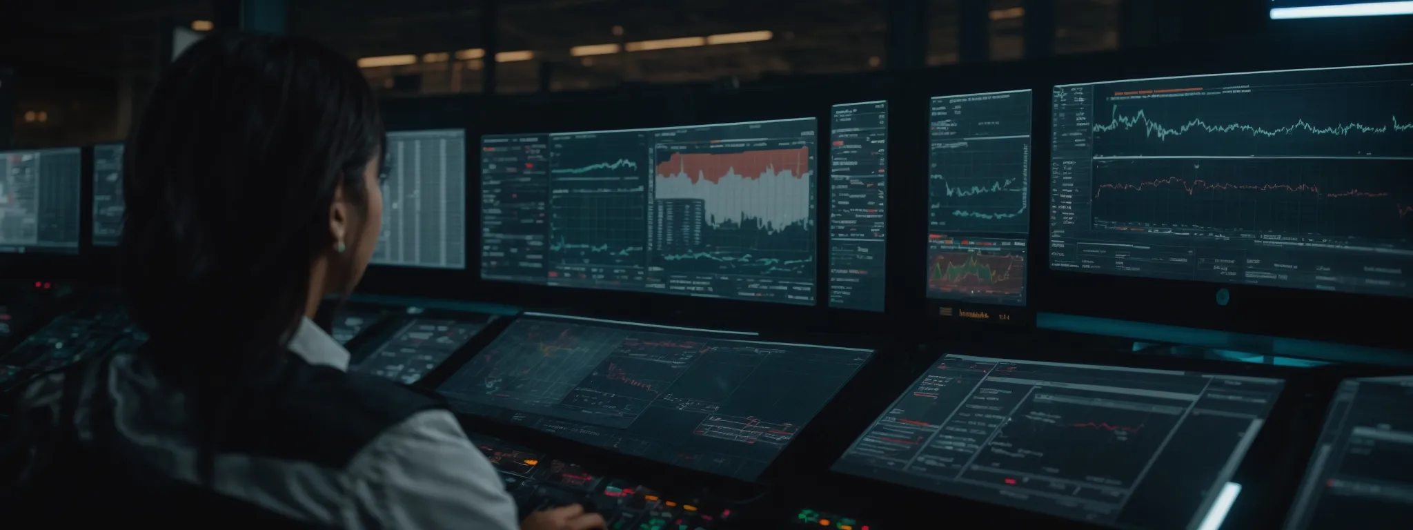 a person at a control panel with multiple screens displaying graphs and analytics.
