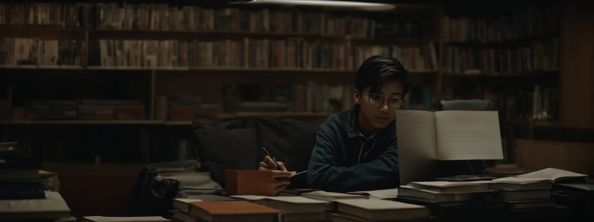 a curious student sits at a desk surrounded by books and a laptop, intently reading an article on a screen.