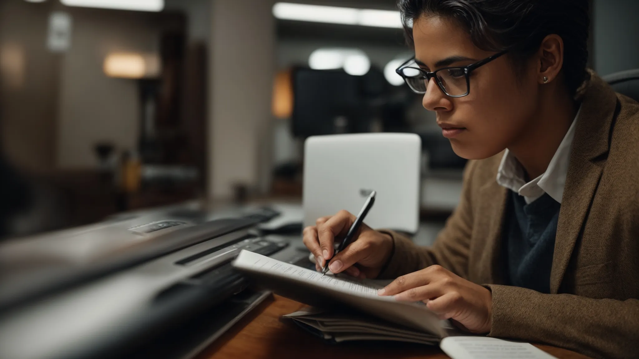 a person intently studies content on a computer screen while taking notes.