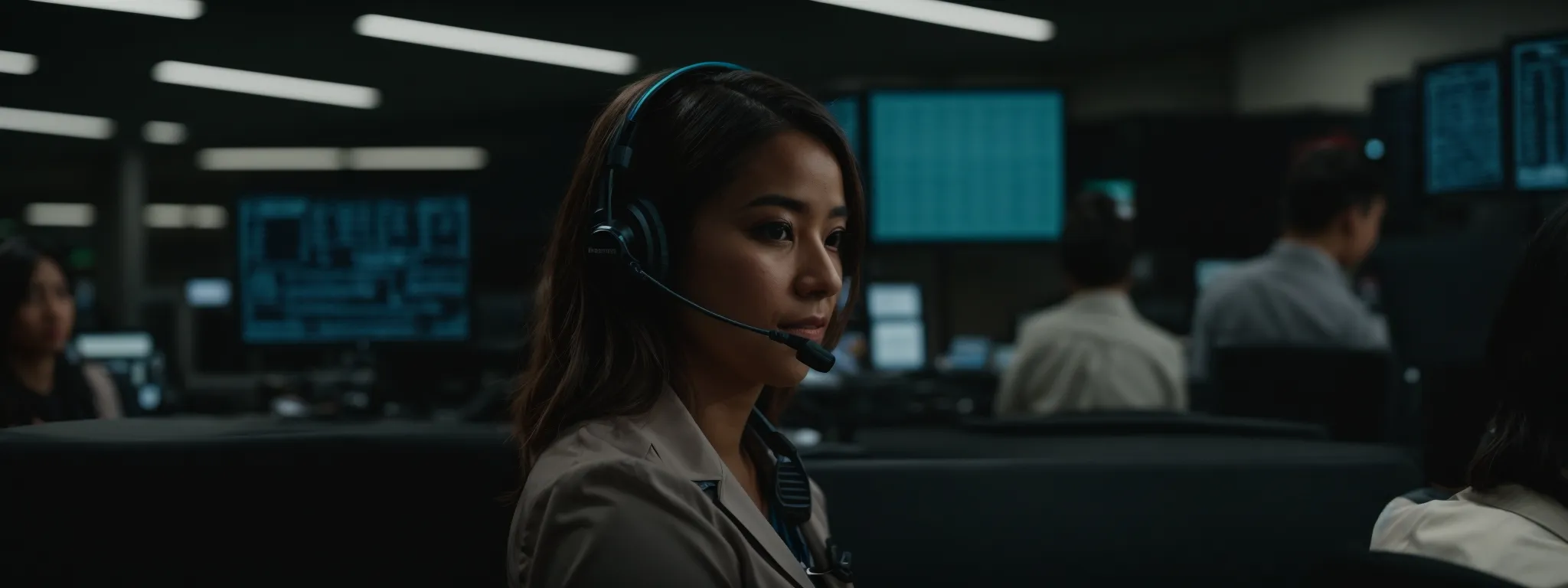 a customer service representative sits before multiple screens displaying various customer support interfaces.