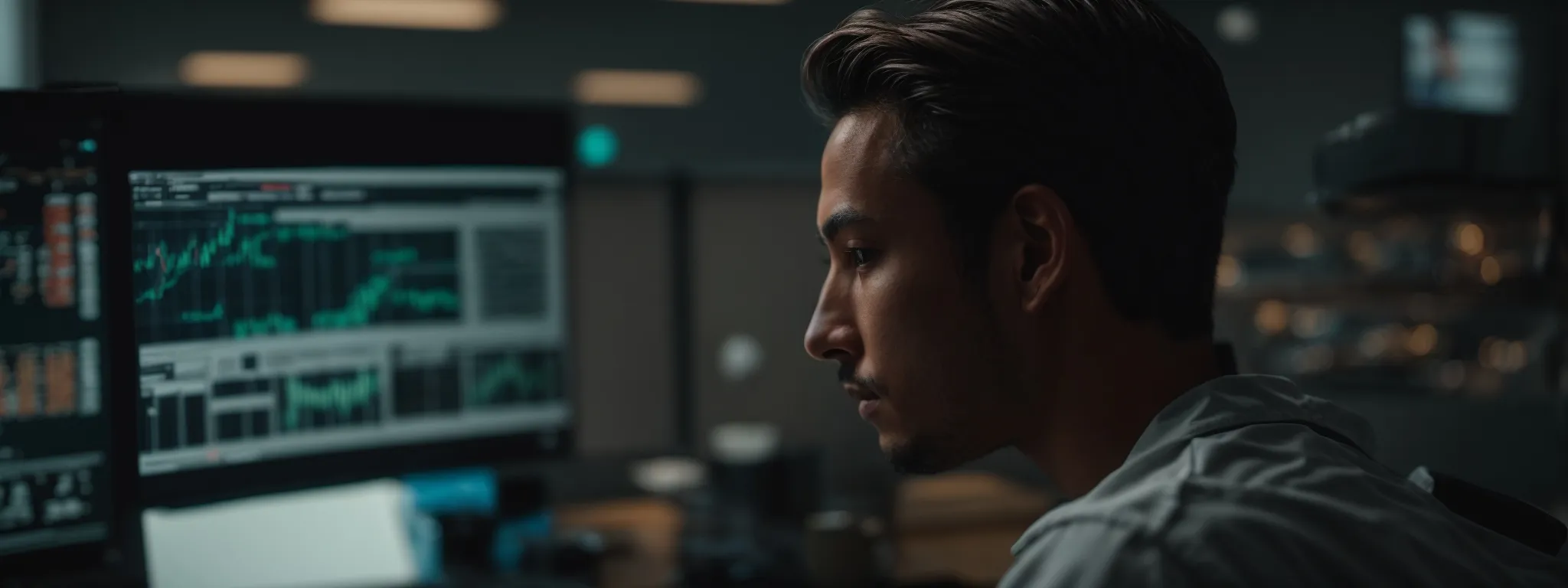 a close-up of a focused individual analyzing intricate seo analytics on a computer screen, reflecting deep engagement in digital optimization strategies.