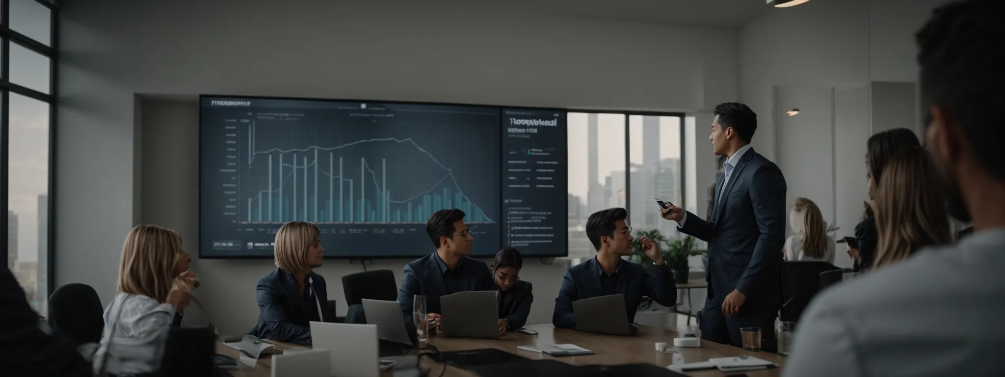 a marketer presenting a growth chart on a digital screen to a team in a modern office.