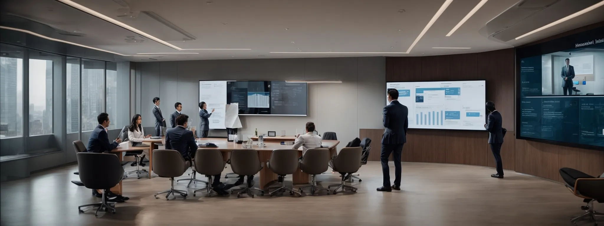 a modern conference room with professionals discussing strategies beside a large screen displaying a medical device website.