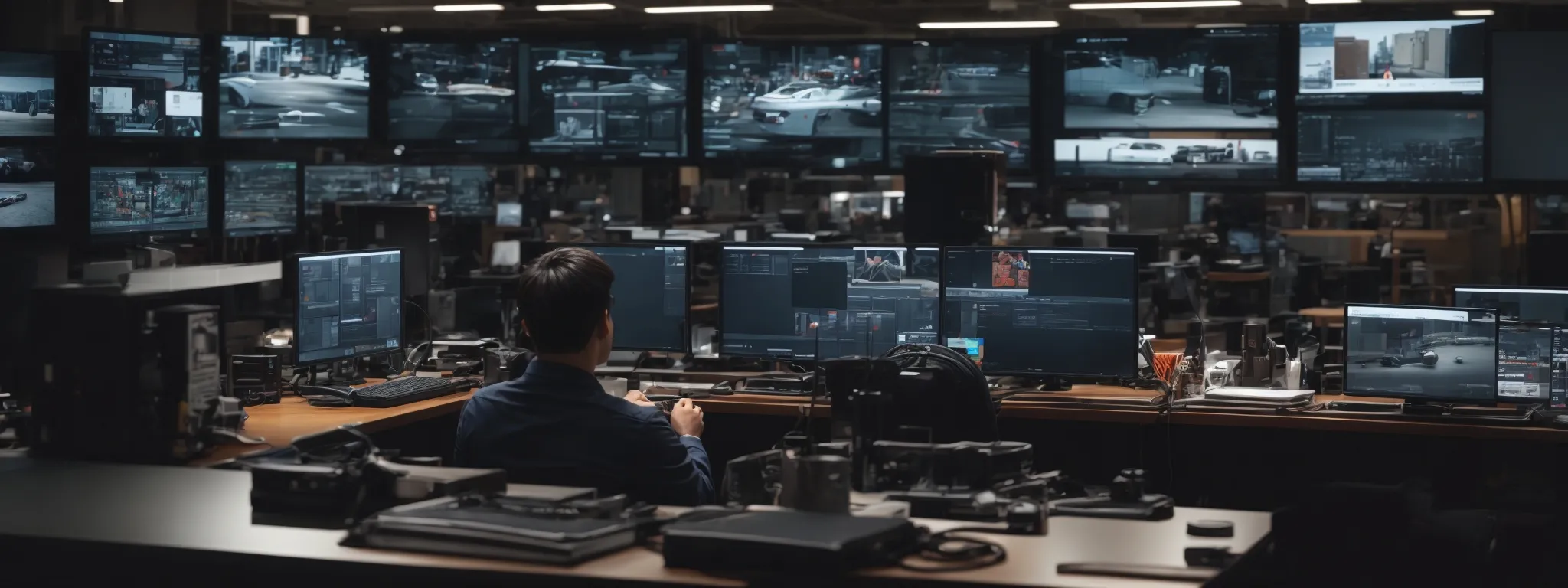a person sitting at a desk with multiple screens displaying various social media platforms focused on car parts and automotive discussions.