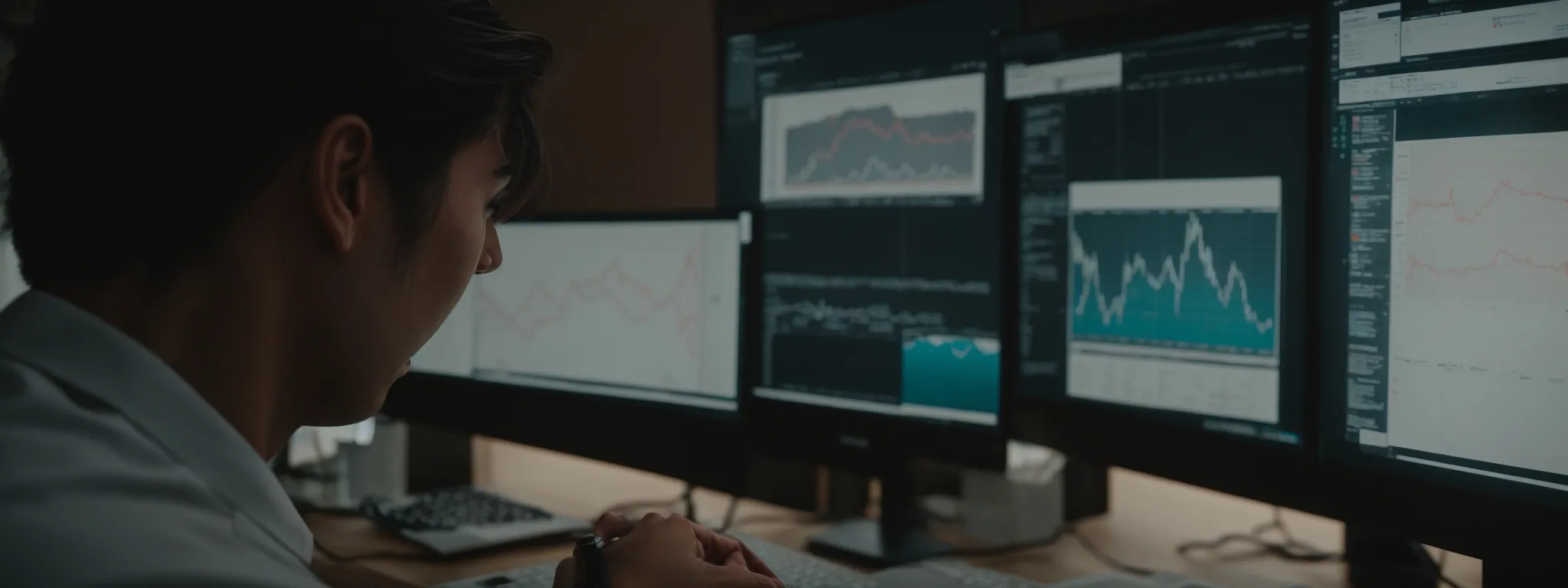 a person intently analyzing graphs and charts on a computer screen in a modern office space.