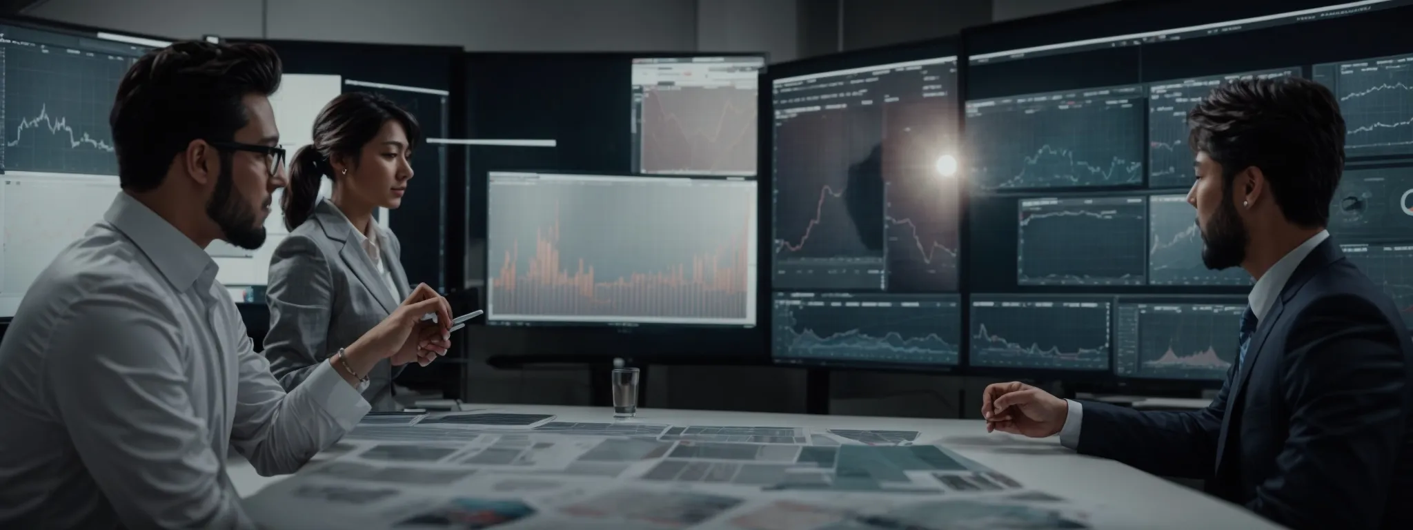 a professional marketing team discusses dynamic graphs and charts on a large screen, illustrating the latest trends and statistics in video marketing.