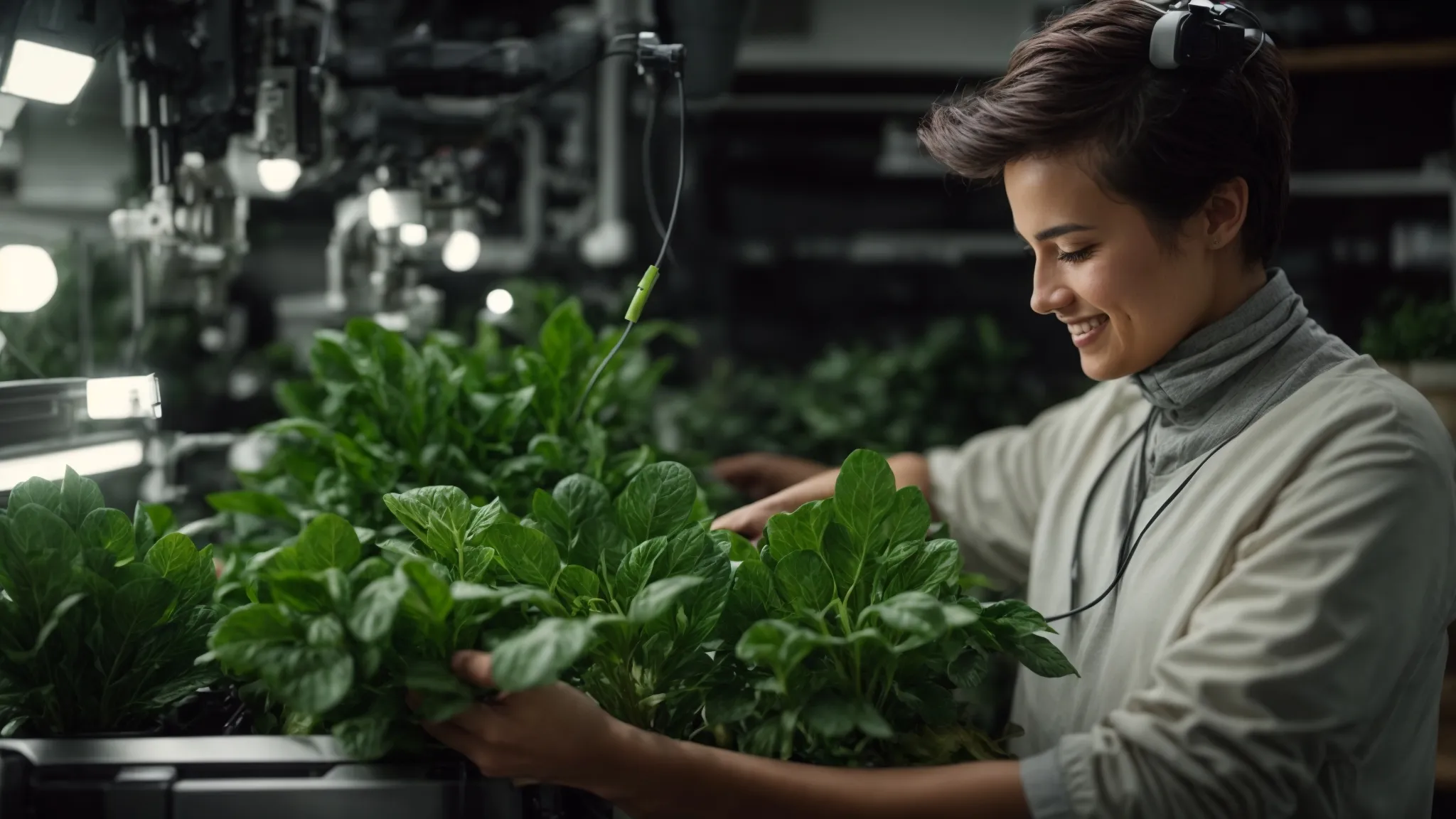a webmaster plugging a leafy green plant into a smiling robot's head.