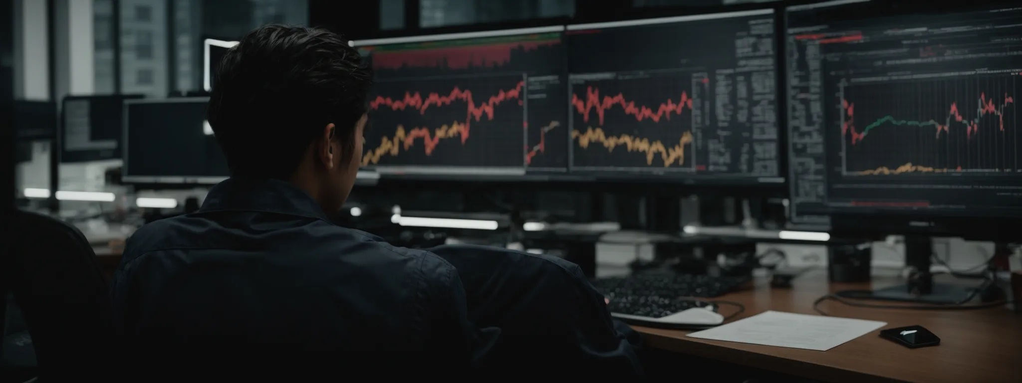 a person analyzing graphs and charts on a computer screen in a modern office.