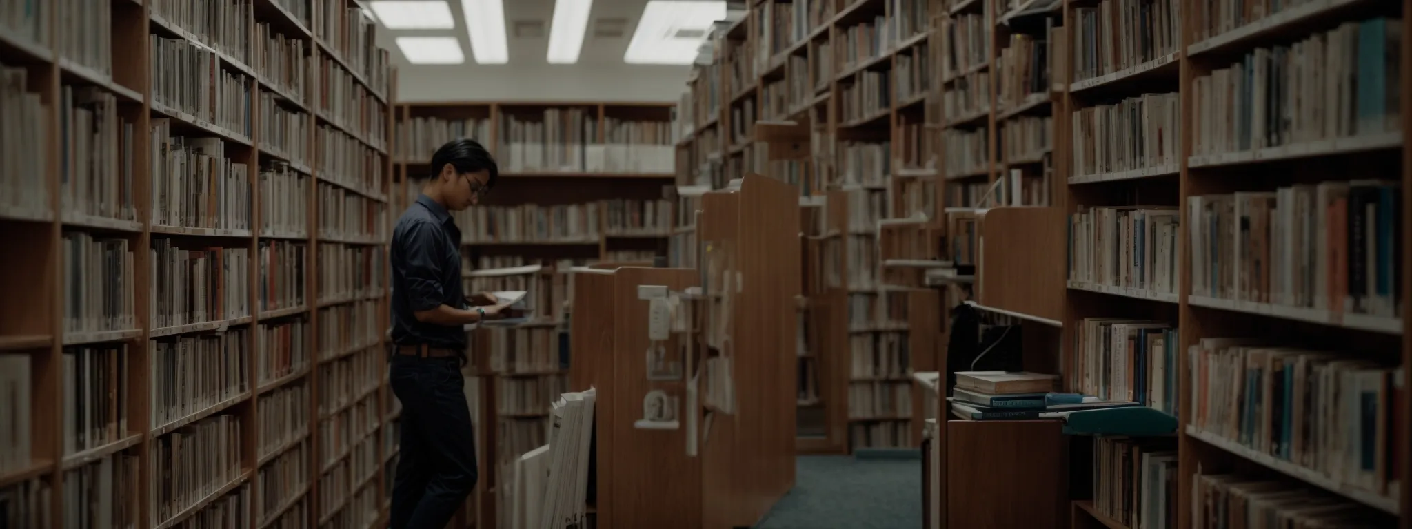 a librarian meticulously organizes books on a shelf, ensuring each spine is clearly visible and perfectly aligned.