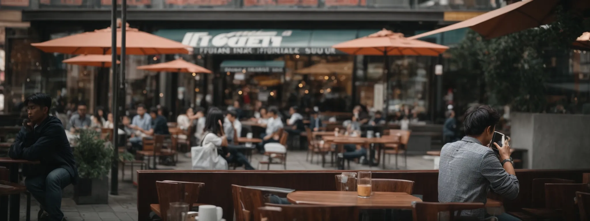 a person sitting at a café, browsing on a smartphone against the backdrop of a busy street.