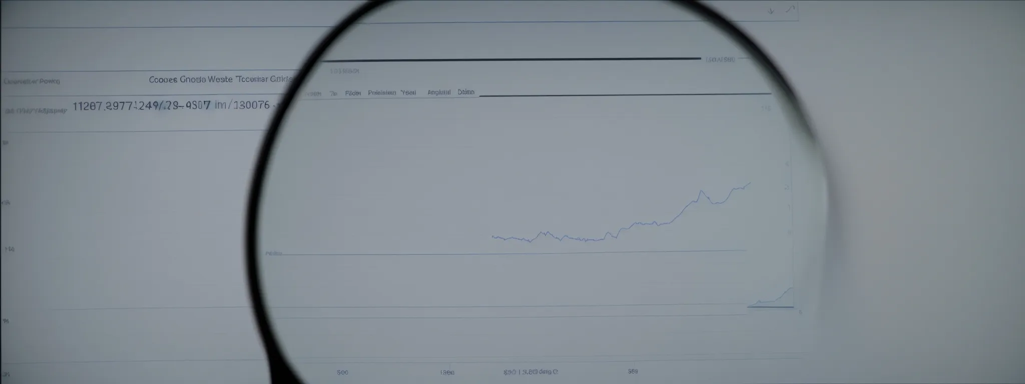 a magnifying glass hovering over a computer screen displaying a graph of increasing website traffic.