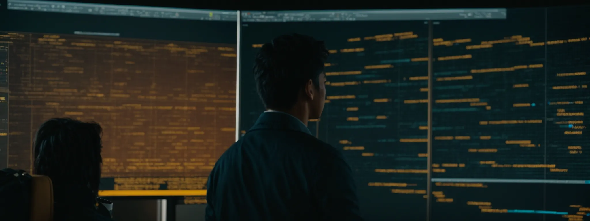 a person studying a large, illuminated digital display of a search engine's interface, analyzing the structure of web addresses.