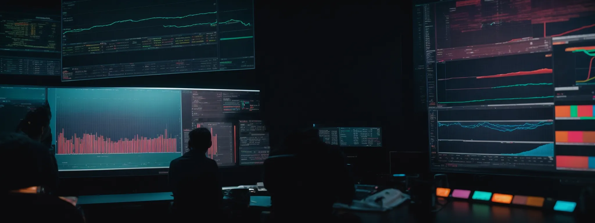 a person analyzing colorful analytics and performance charts on a large screen.