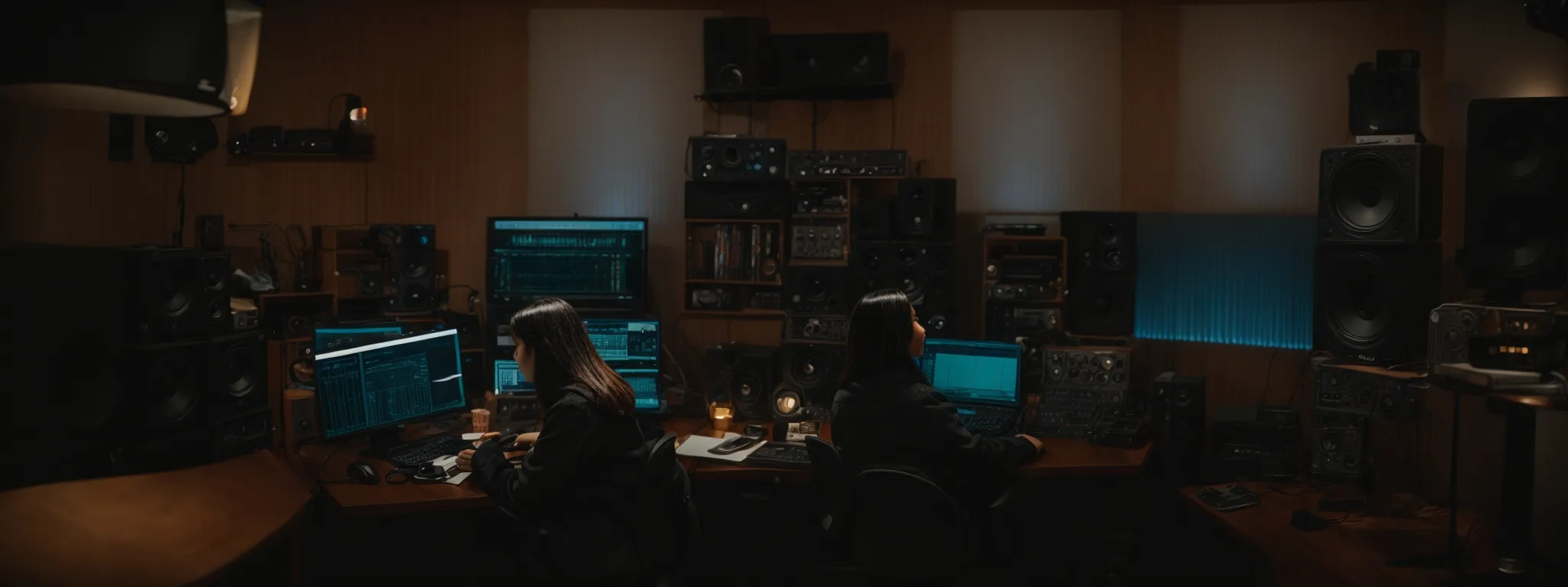 a person is in a cozy recording studio, surrounded by podcasting equipment, writing notes on a computer screen.