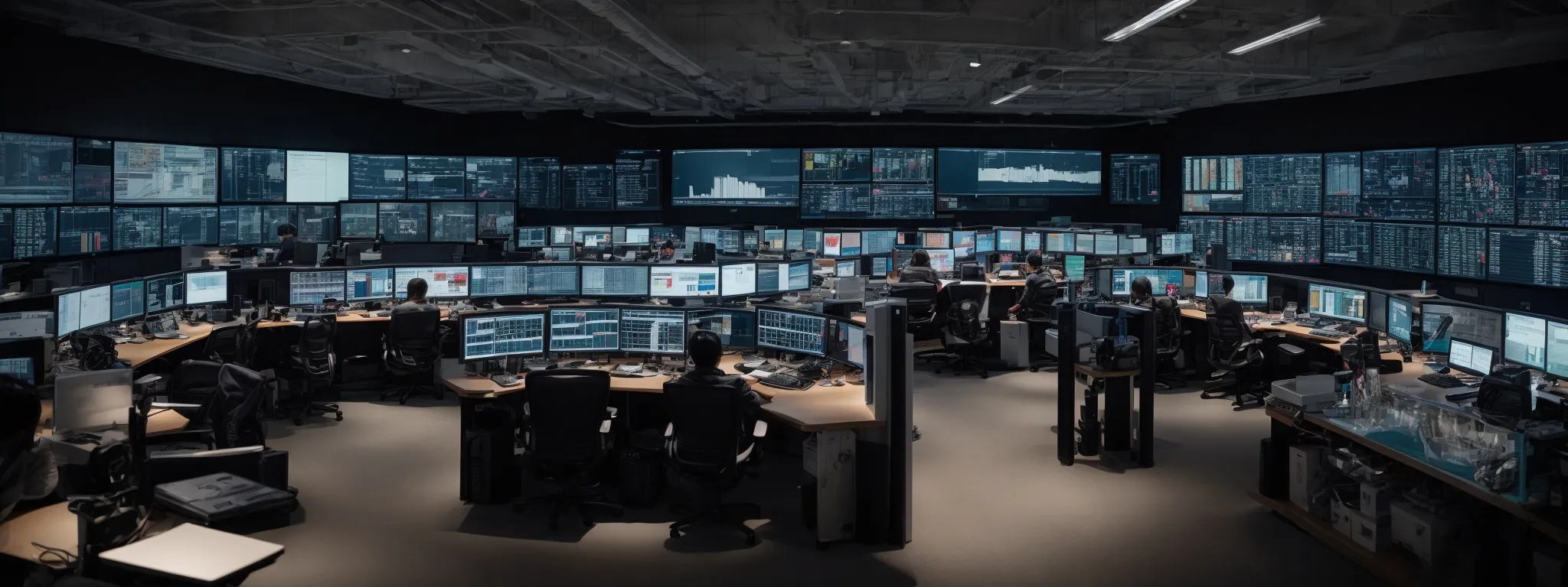 a bustling marketing agency control room with panoramic screens displaying various analytics and campaign performance metrics.