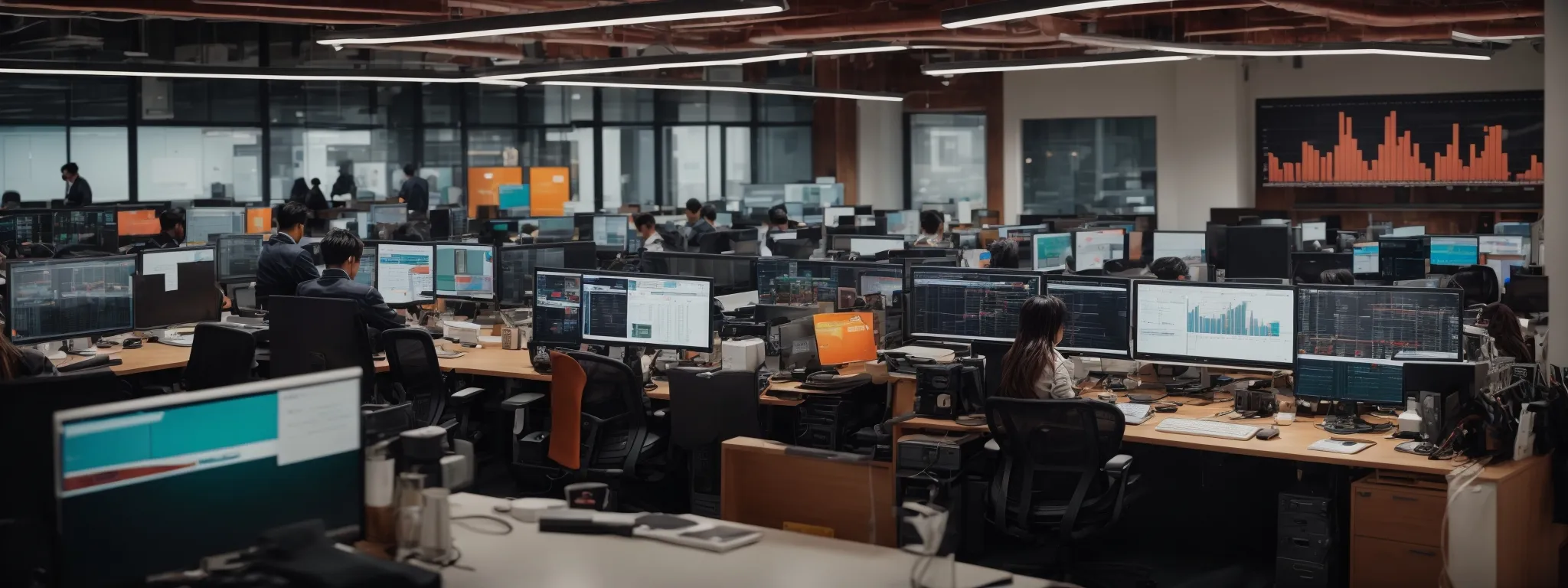 a bustling digital marketing office with multiple computer screens displaying colorful analytics dashboards.