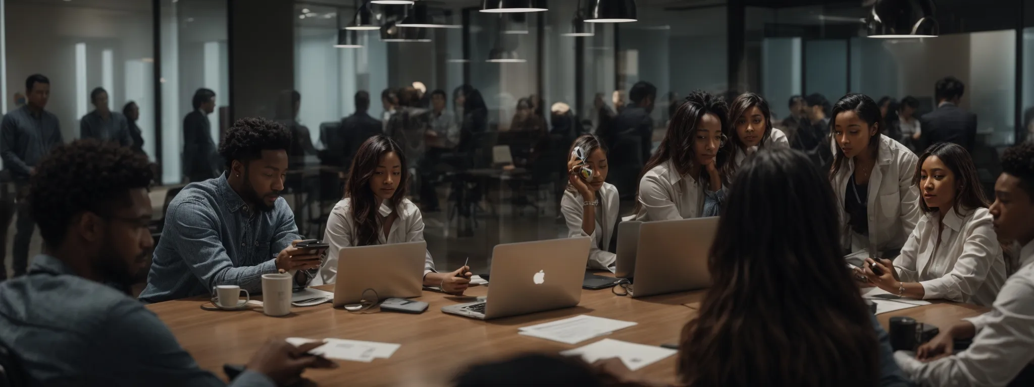 a diverse team engages in a brainstorming session around a modern conference table with multiple digital devices, reflecting dynamic strategy planning in a digital-first ecommerce market.