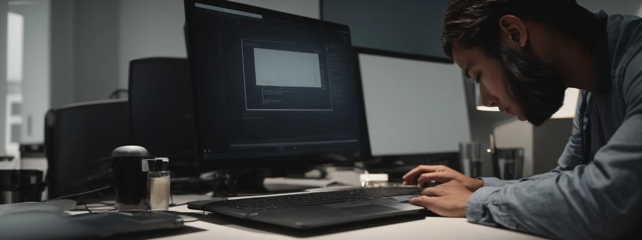 a focused individual interacts with a speed testing application on a modern computer screen amidst a clean, minimalistic workspace.