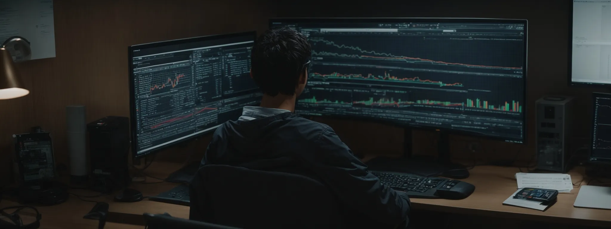 a person sits at a desk with two monitors displaying charts and code, deeply focused on optimizing a website's search engine ranking.