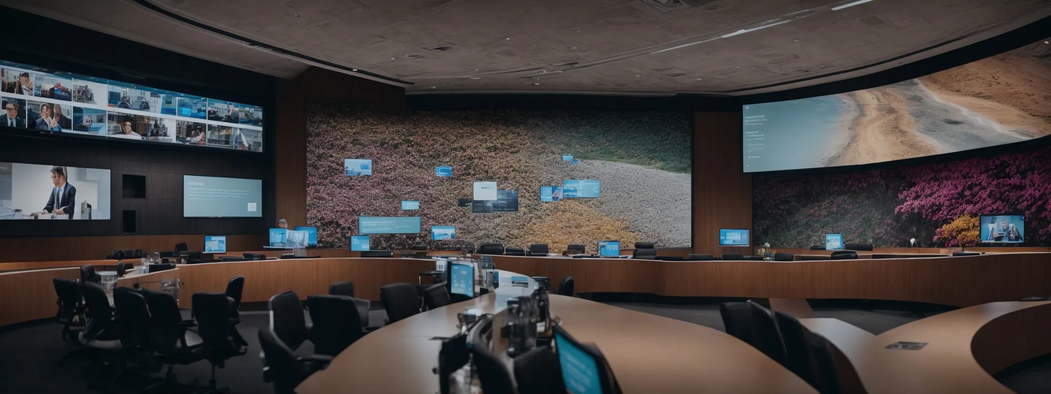 a conference room with a large screen displaying vibrant social media analytics alongside a search engine results page.