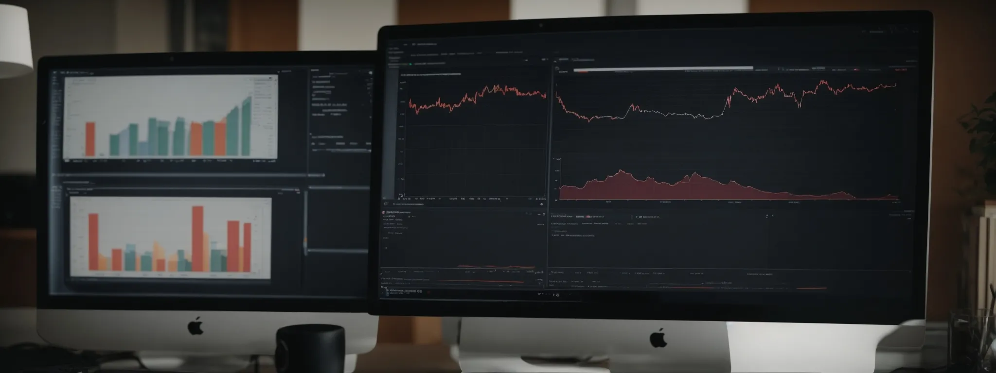 two computer monitors on a desk display bar graphs and analytics comparing website rankings.
