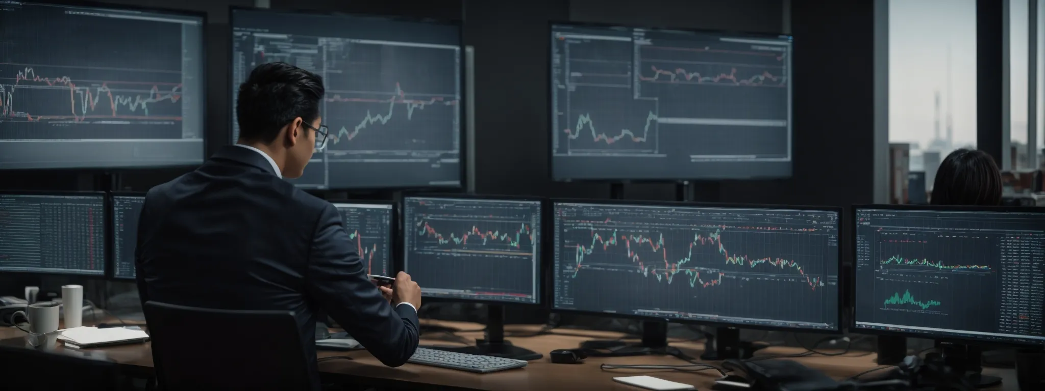 a professional analyzing complex seo prediction graphs on dual computer screens in a modern office.