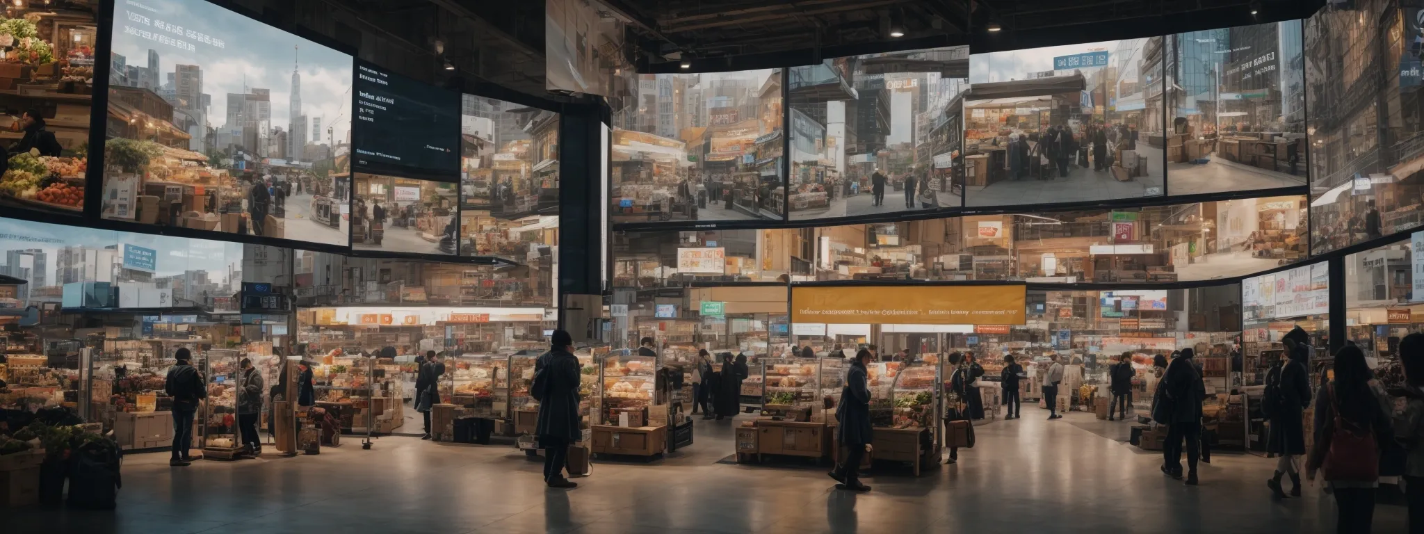 a wide view of a bustling online market hub with various product listings illuminated on a giant screen interfacing with different shopping platforms.
